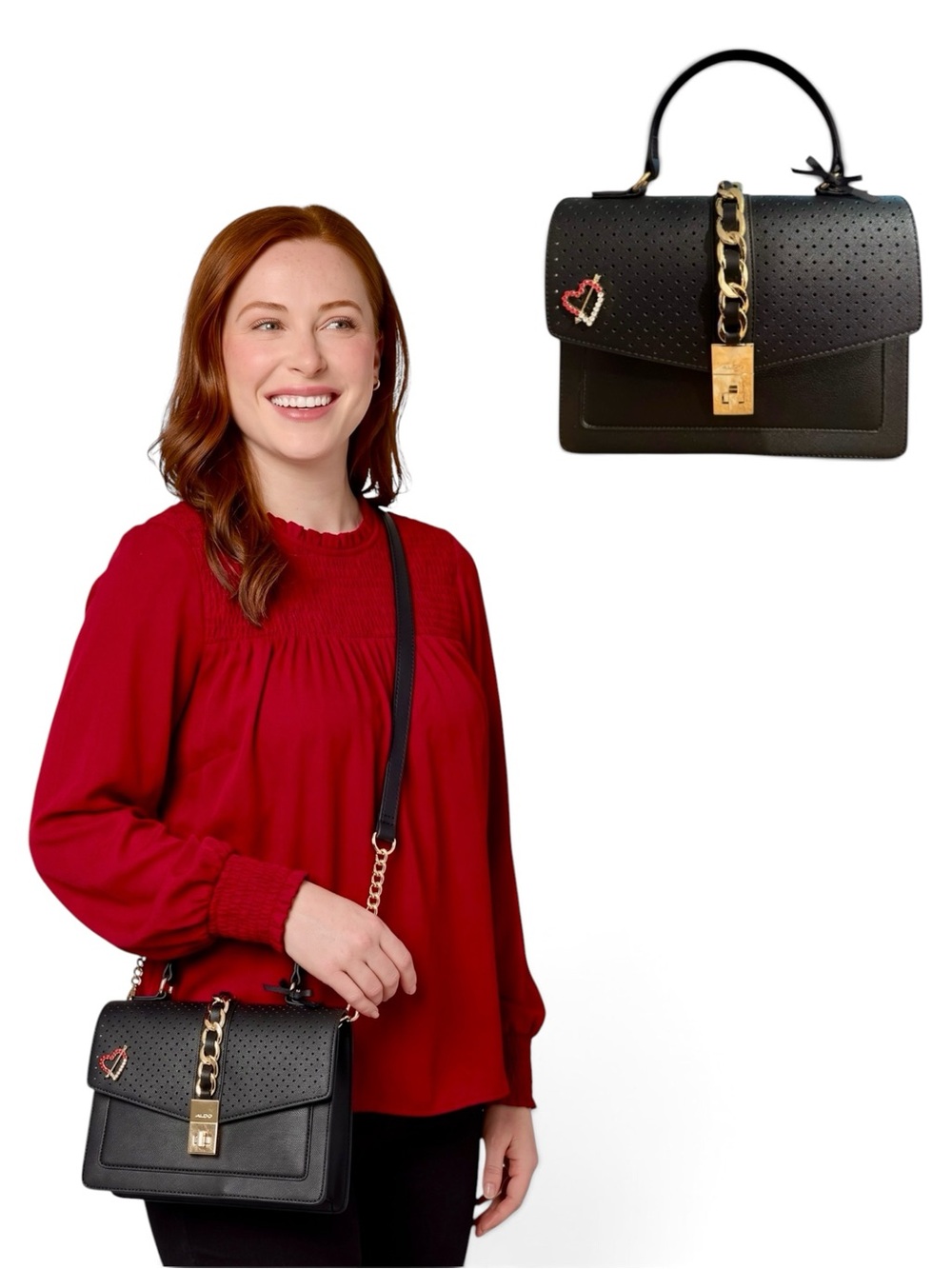 Aldo Black Perforated Top-Handle Crossbody with Gold Tone Chain Strap Hooks